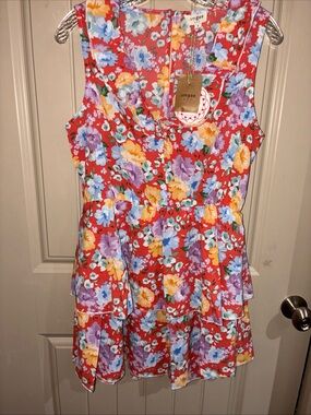 Umgee Red Floral Tiered Sundress with Multicolor Blooms